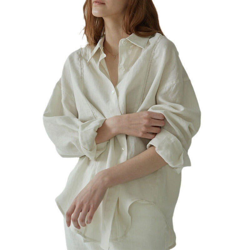 Lauren – Chemisier long brodé creux en lin
