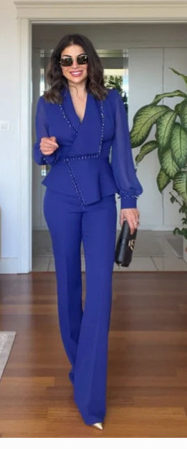 Margaret – Ensemble Blazer Patchwork en Chiffon et Pantalon Droit
