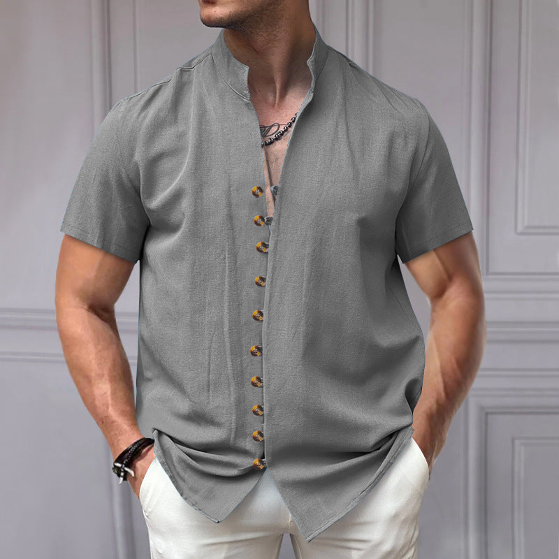 Perry – Chemise en Lin à Manches Courtes avec Col Montant