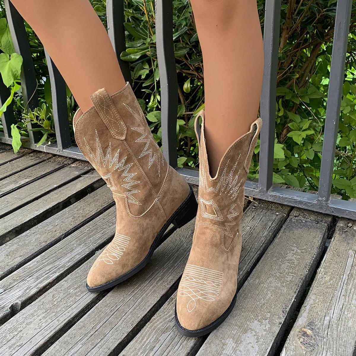 Jean – Bottes Longues Rétro à Talons Chunky et Embroidered