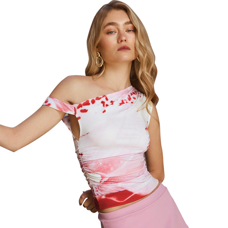Karen – Haut Asymétrique à Épaule Plissée Imprimée