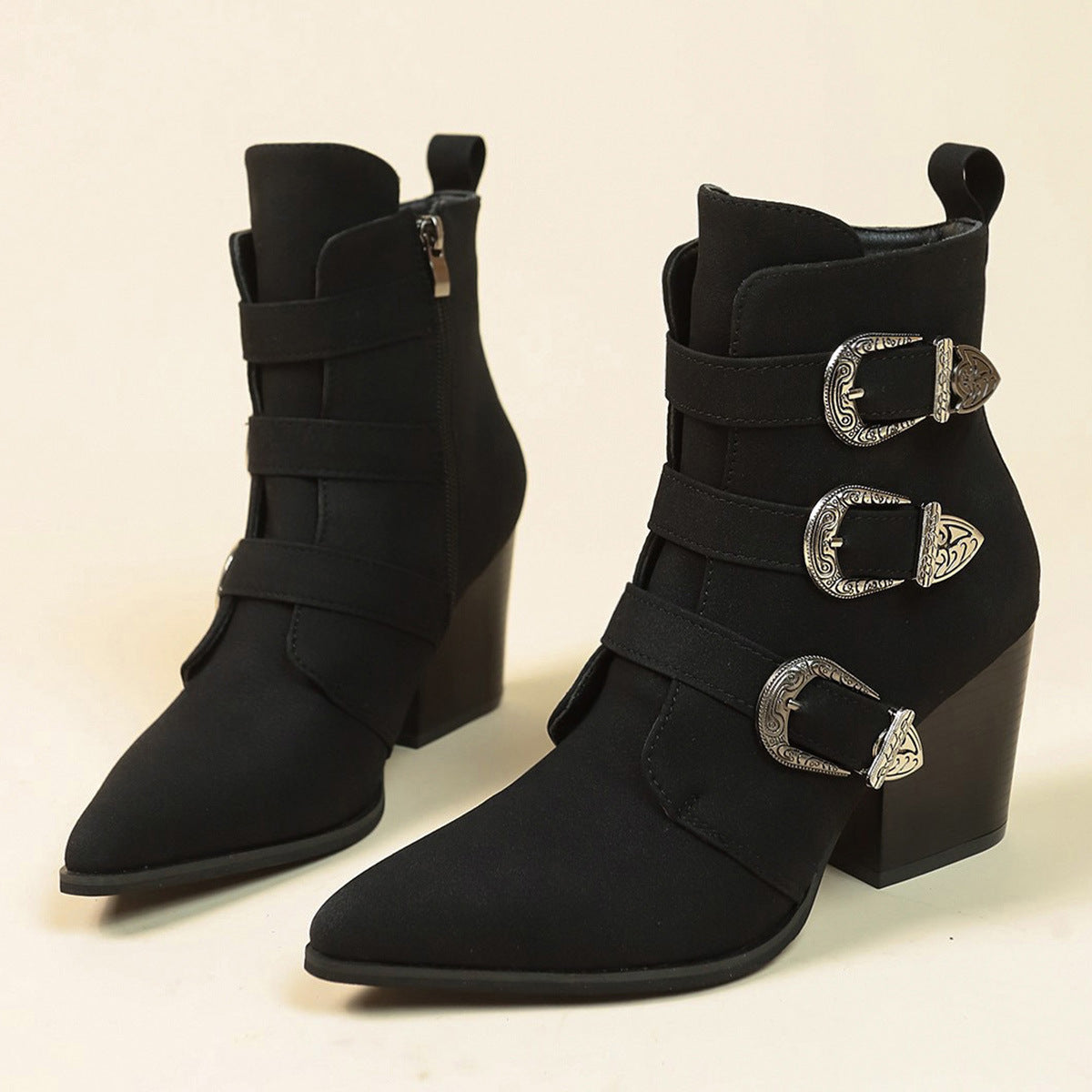 Anne – Bottes mi-mollet rétro à talon épais avec boucle de ceinture