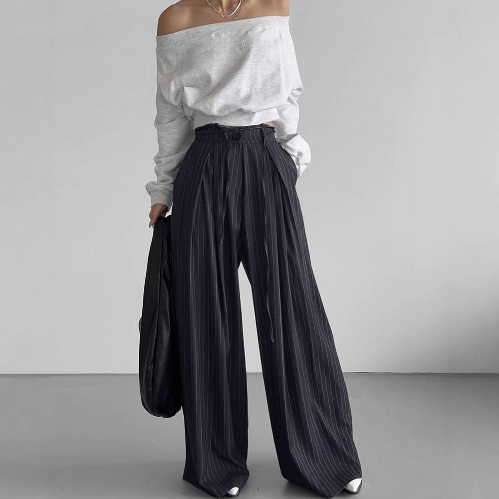 Clara – Pantalon Large à Rayures Taille Haute