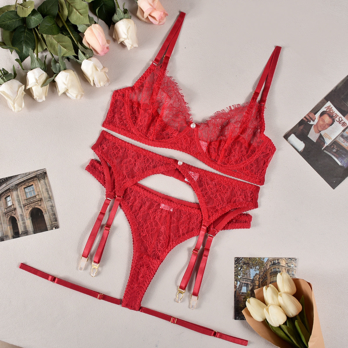 Hannah – Ensemble de lingerie sexy en dentelle transparente avec perles