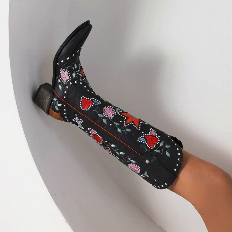 Angela – Bottes à Talons Chunky avec Rivets et Broderie