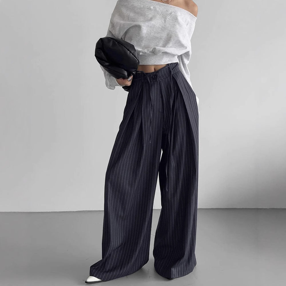 Clara – Pantalon Large à Rayures Taille Haute