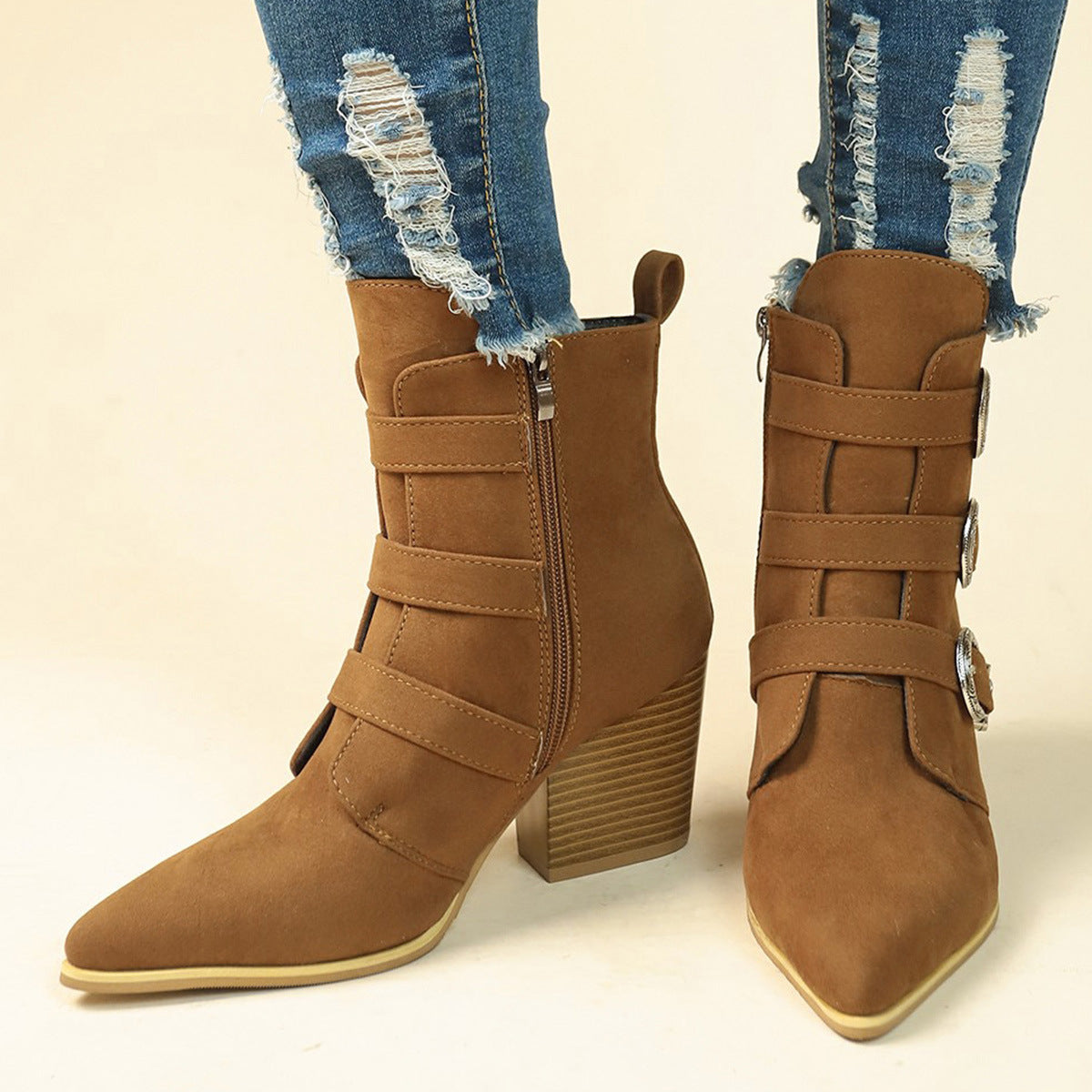 Anne – Bottes mi-mollet rétro à talon épais avec boucle de ceinture