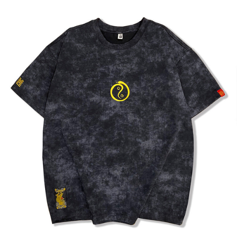 Christian – T-shirt à col rond brodé manches courtes délavé