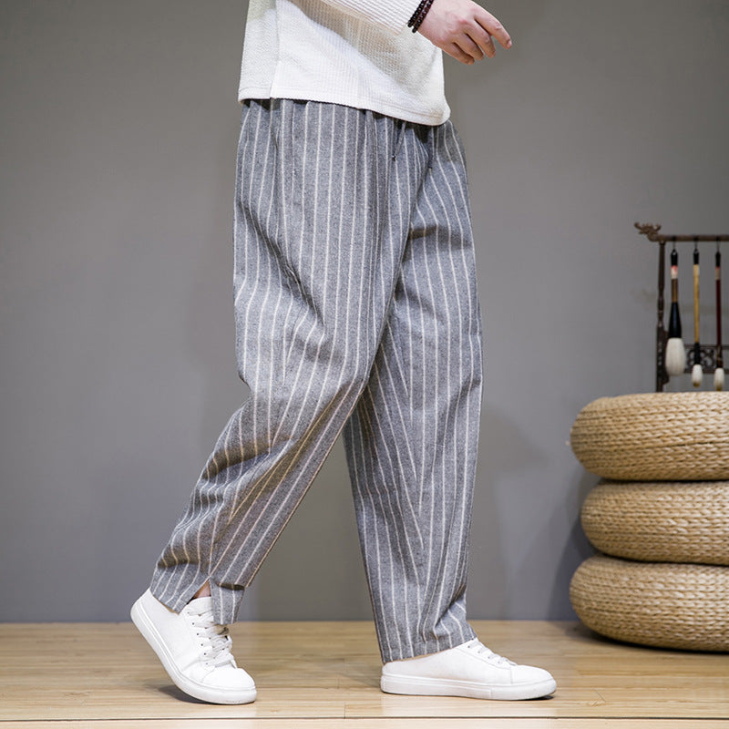 Walter – Pantalon Décontracté en Coton et Lin à Rayures Style Chinois