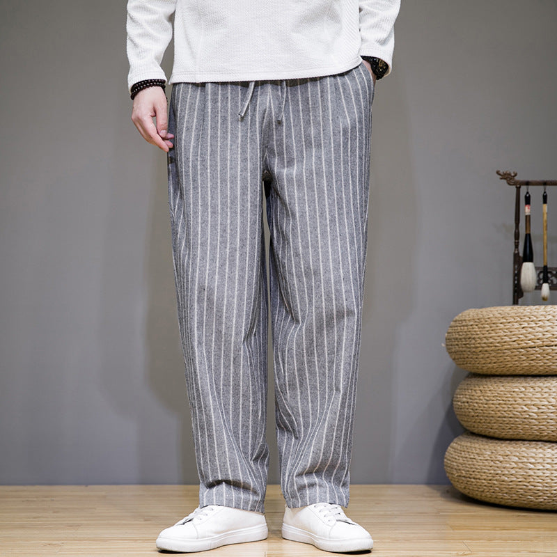 Walter – Pantalon Décontracté en Coton et Lin à Rayures Style Chinois