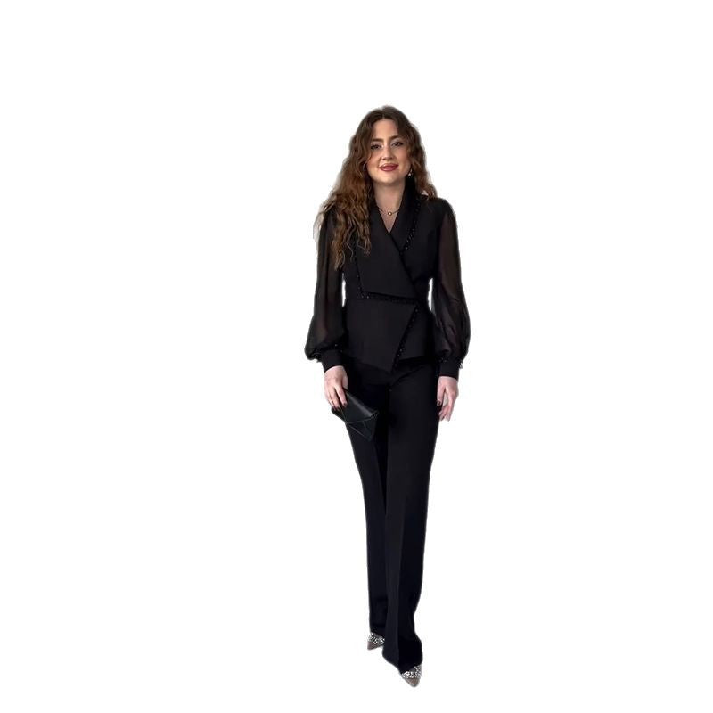 Margaret – Ensemble Blazer Patchwork en Chiffon et Pantalon Droit