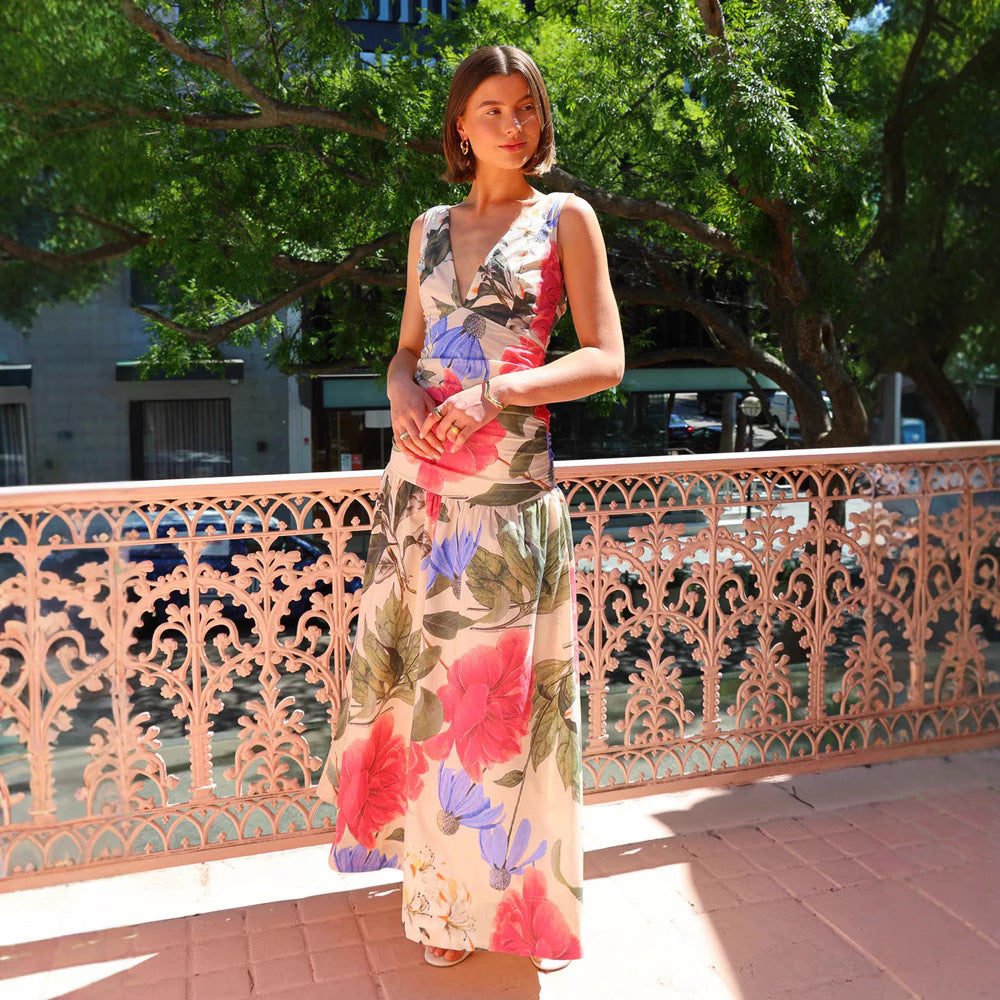Ann – Robe Longue Évasée à Col en V et Imprimé Floral