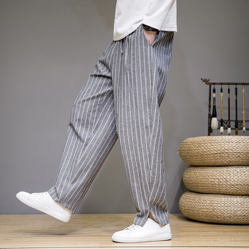 Walter – Pantalon Décontracté en Coton et Lin à Rayures Style Chinois
