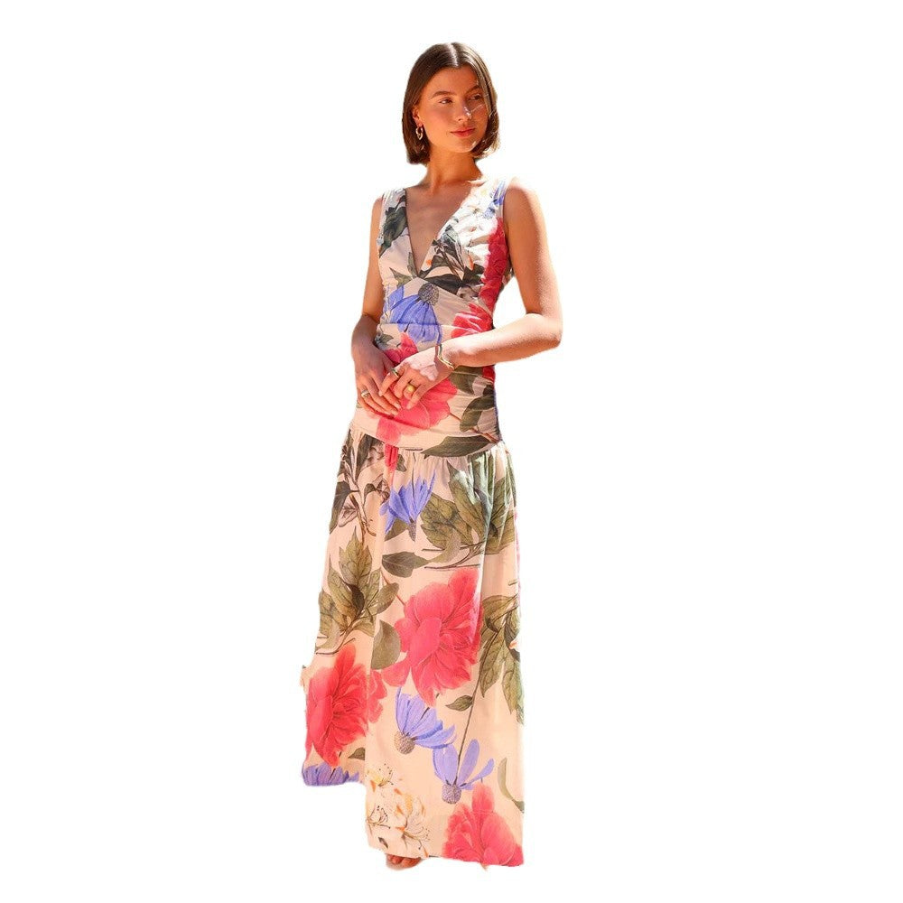 Ann – Robe Longue Évasée à Col en V et Imprimé Floral