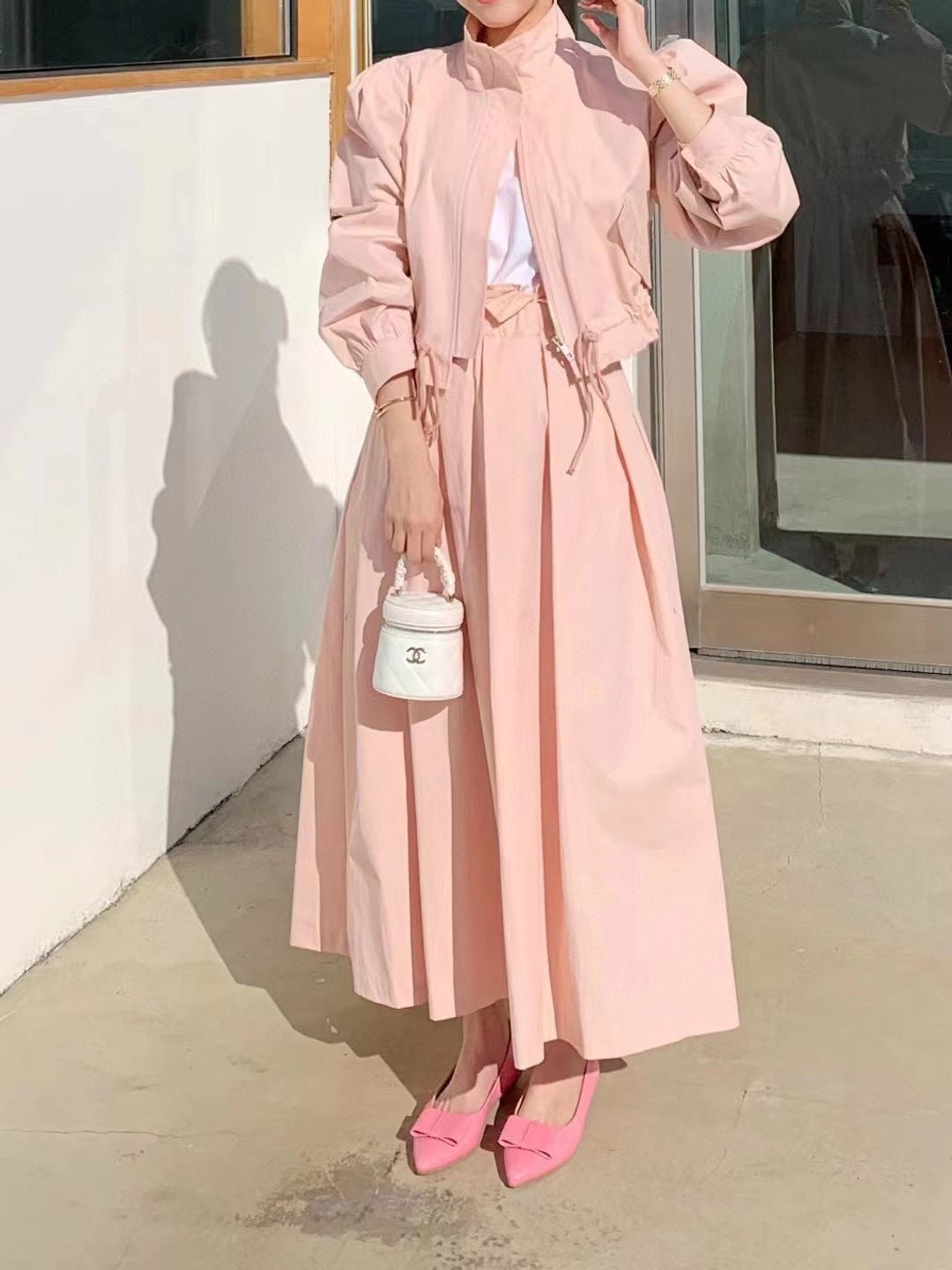 Michelle – Ensemble Manteau Court et Jupe en Couleur Unie