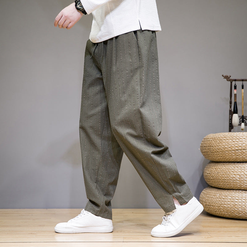Walter – Pantalon Décontracté en Coton et Lin à Rayures Style Chinois
