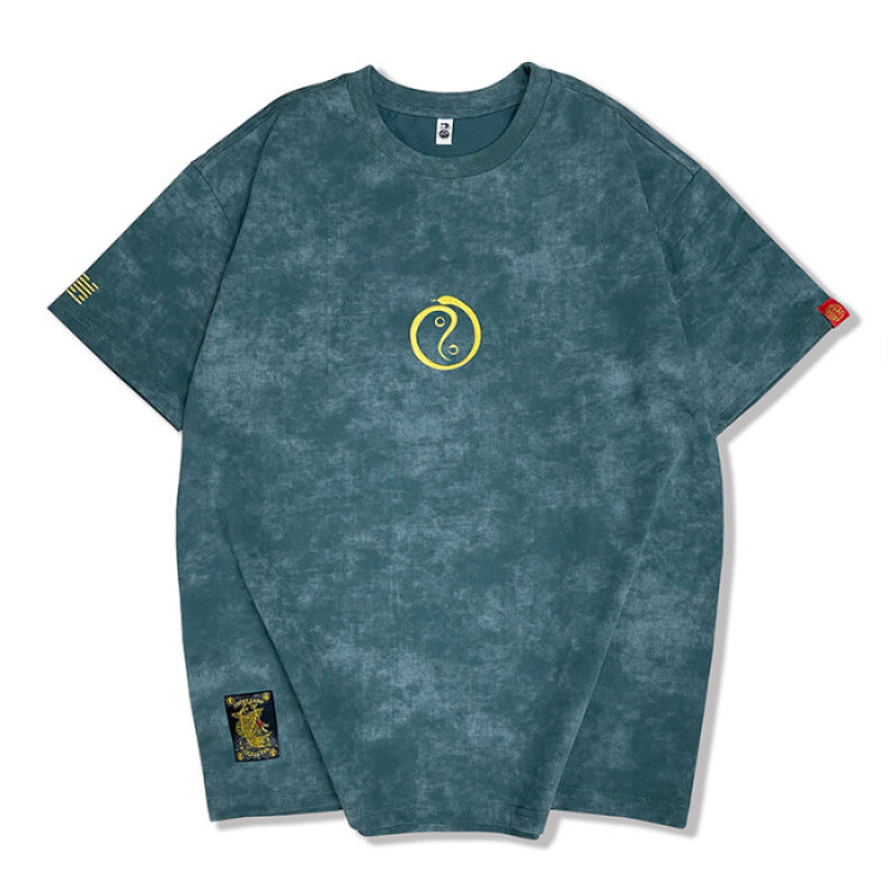 Christian – T-shirt à col rond brodé manches courtes délavé