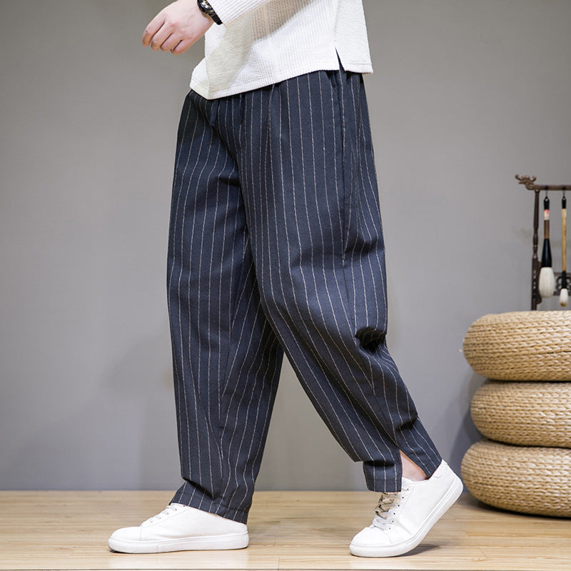 Walter – Pantalon Décontracté en Coton et Lin à Rayures Style Chinois
