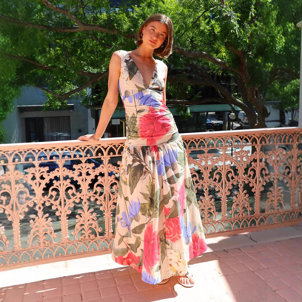 Ann – Robe Longue Évasée à Col en V et Imprimé Floral