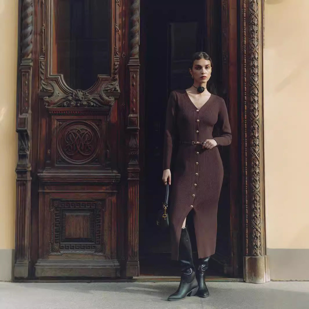 Anne – Robe Longue en Maille à Manches Longues