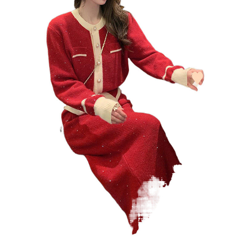 Sarah – Ensemble Deux Pièces Cardigan et Jupe en Tricot Rouge