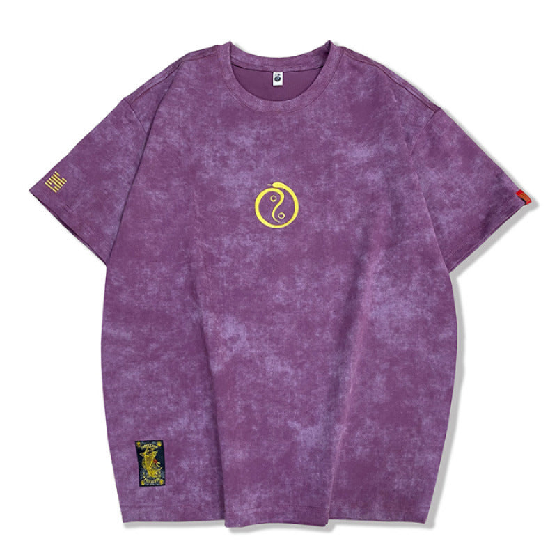 Christian – T-shirt à col rond brodé manches courtes délavé