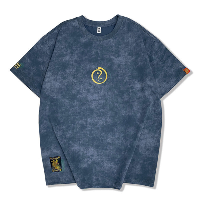 Christian – T-shirt à col rond brodé manches courtes délavé