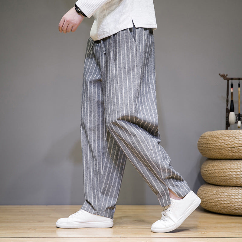 Walter – Pantalon Décontracté en Coton et Lin à Rayures Style Chinois