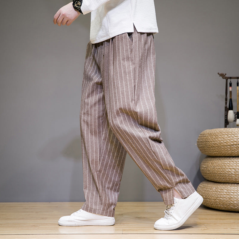 Walter – Pantalon Décontracté en Coton et Lin à Rayures Style Chinois