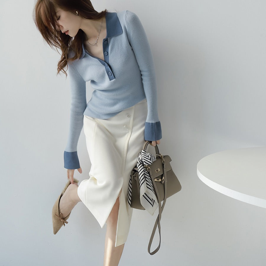 Mandy – Pull Slim à Col Polo et Manches Longues en Couleurs Contrastées