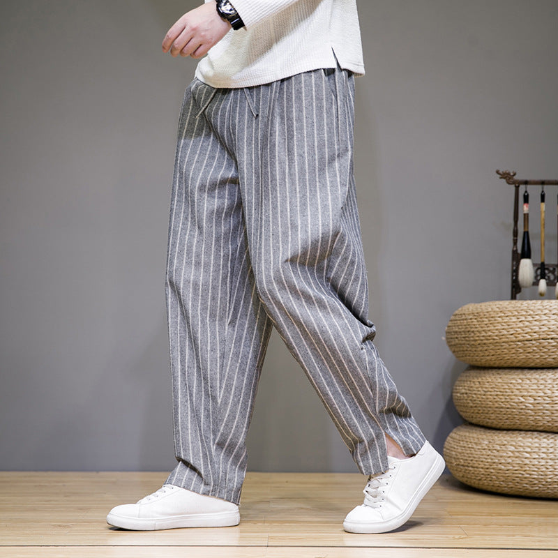 Walter – Pantalon Décontracté en Coton et Lin à Rayures Style Chinois