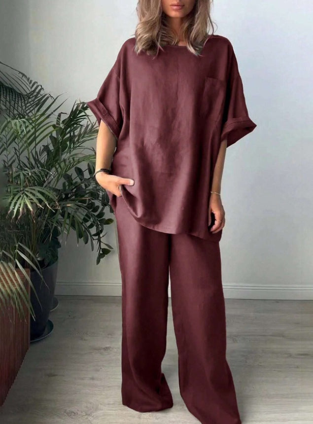Lynda – Ensemble Décontracté Uni à Manches Courtes et Pantalon Long