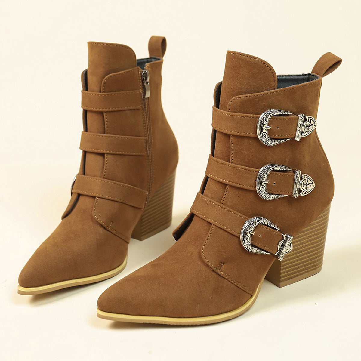 Anne – Bottes mi-mollet rétro à talon épais avec boucle de ceinture