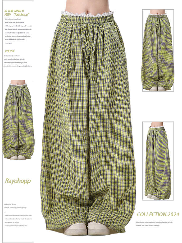Christine – Pantalon Large en Tissu Écossais avec Dentelle