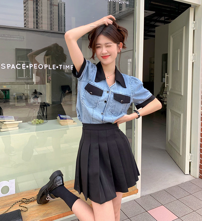 Tracy – Veste Chemise en Jean à Col Polo Contrasté d'Été