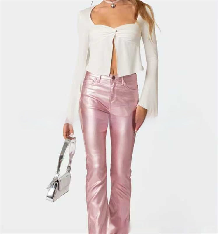 Heather – Pantalon Évasé en Jean et Cuir Végan pour Femmes