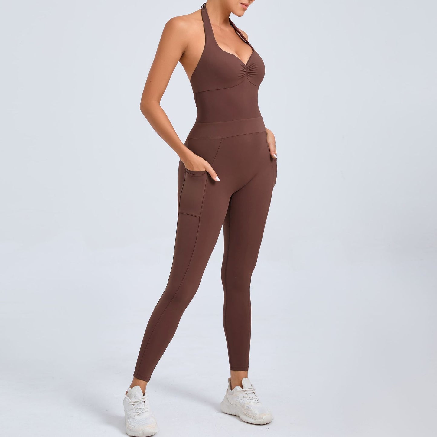 Tara – Combinaison Yoga à Col Halter avec Poches Latérales