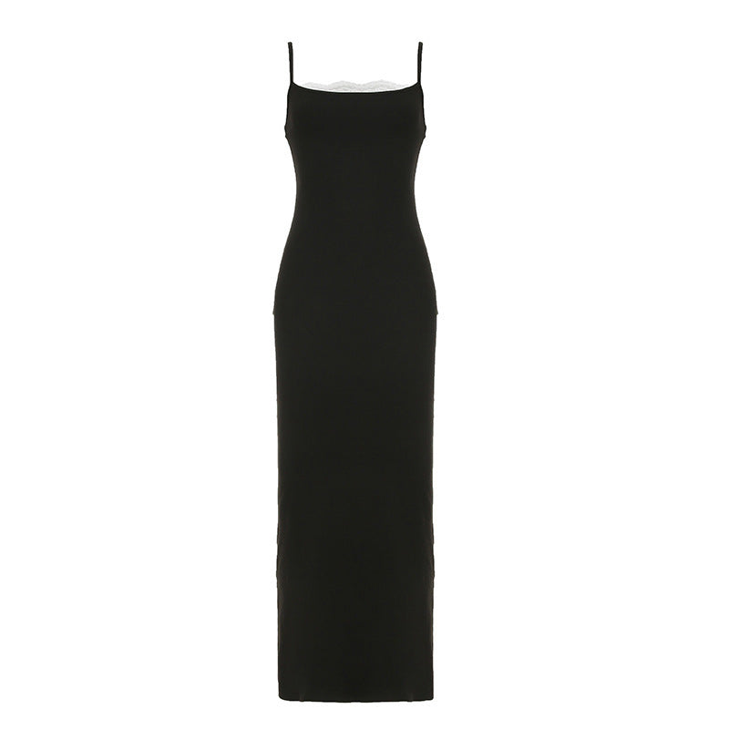 Alison – Robe Longue à Col Carré et Dentelle Sexy