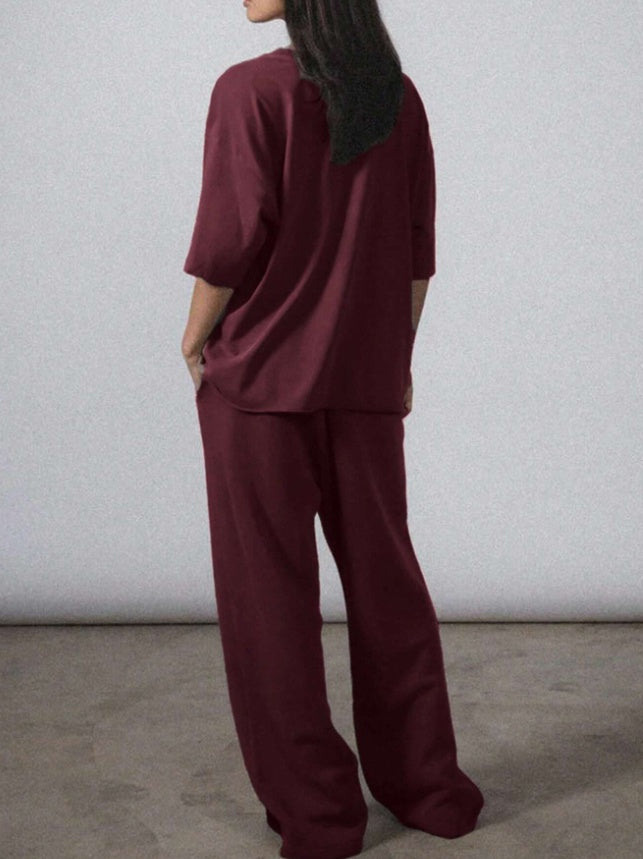 Lynda – Ensemble Décontracté Uni à Manches Courtes et Pantalon Long