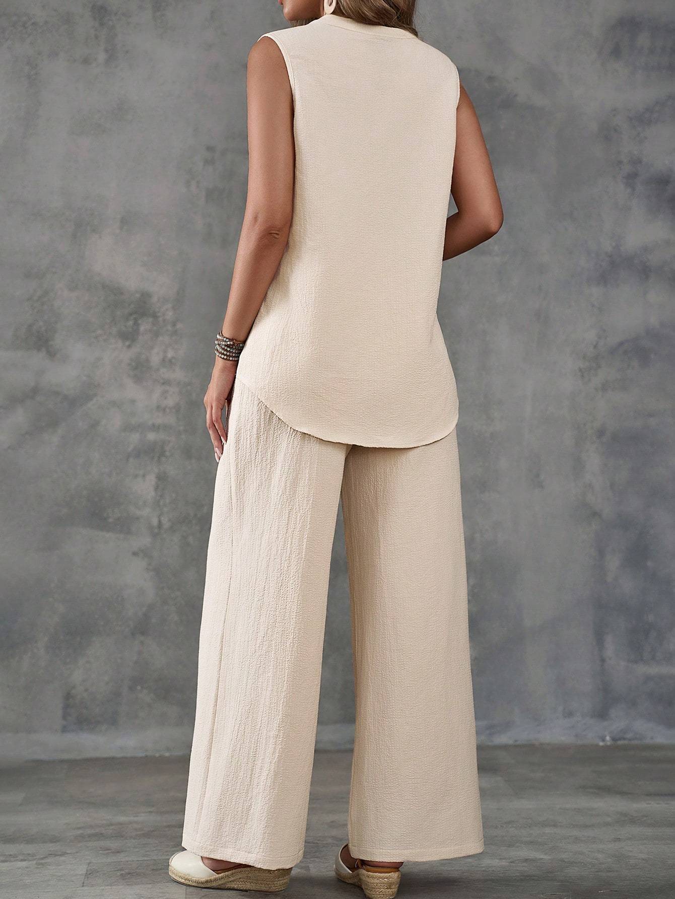Leanne – Ensemble Gilet Texturé Sans Manches et Pantalon Large à Boutons