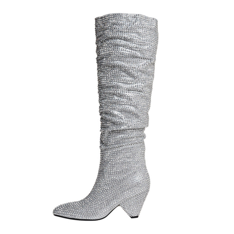 Lisa – Bottes Hautes Mode à Talon Évasé et Strass Argentés