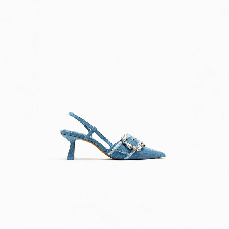 Sue – Sandales en Denim avec Bouton Décoratif et Strass