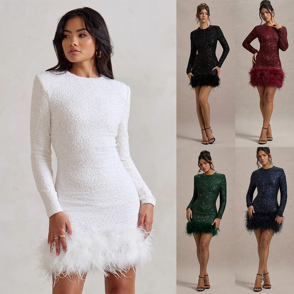 Helen – Robe à Plumes et Sequins Manches Longues