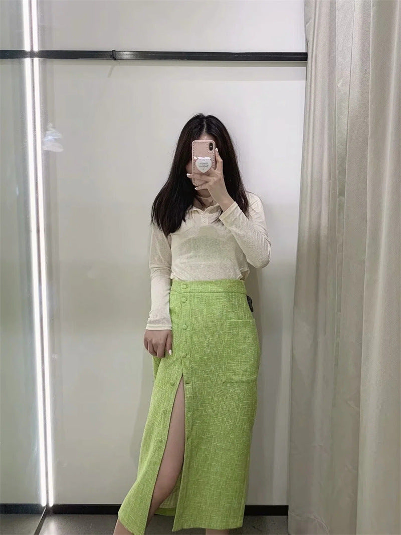 Hayley – Jupe Midi Fendue à Taille Haute Texturée Verte