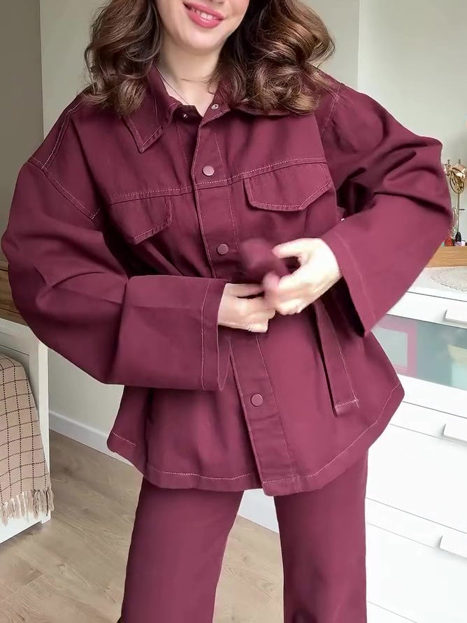 Ruby – Costume Veste Ceinturée et Pantalon Taille Haute Bordeaux
