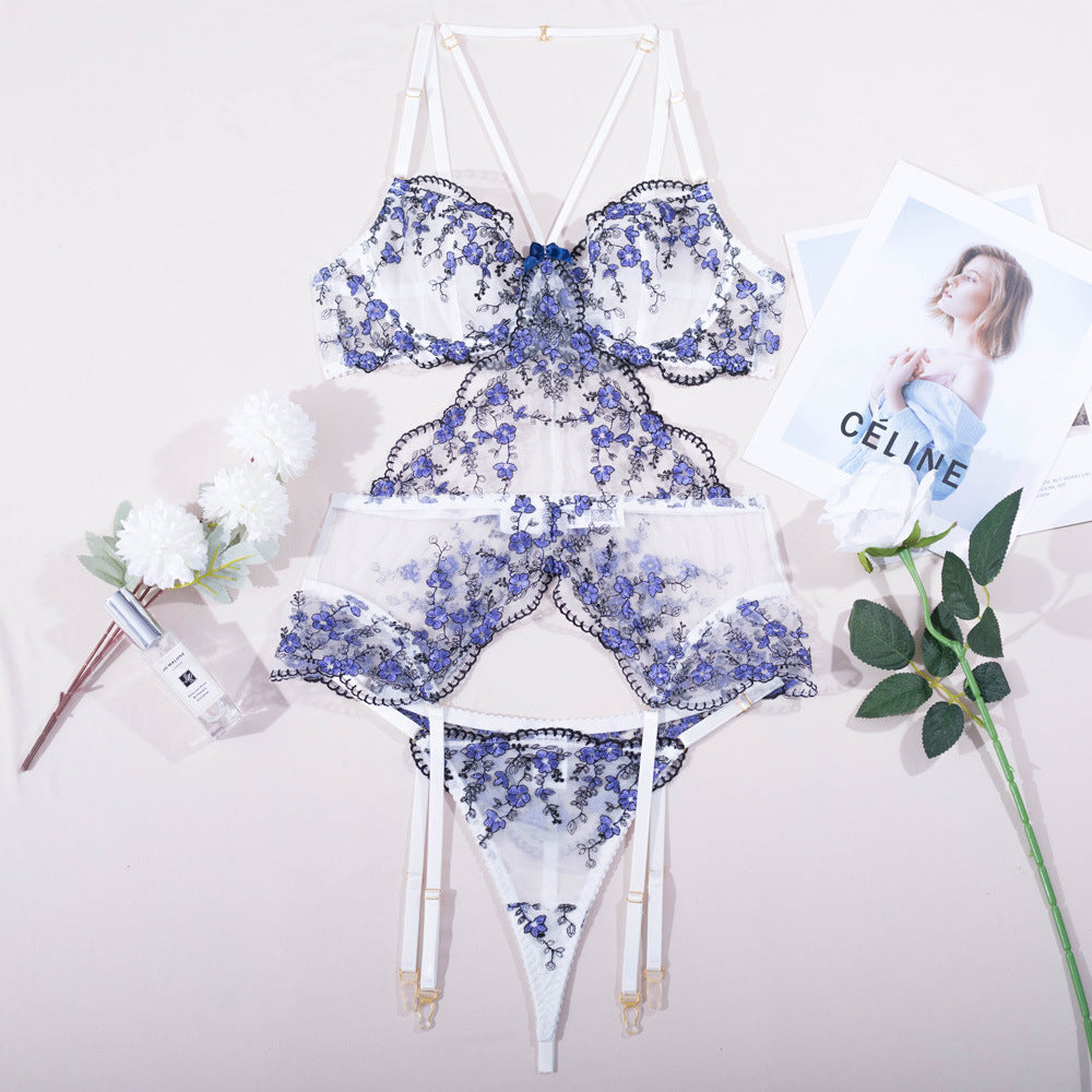 Gabrielle – Body en Tulle Transparent avec Broderie et Jarretière Anneau en Acier
