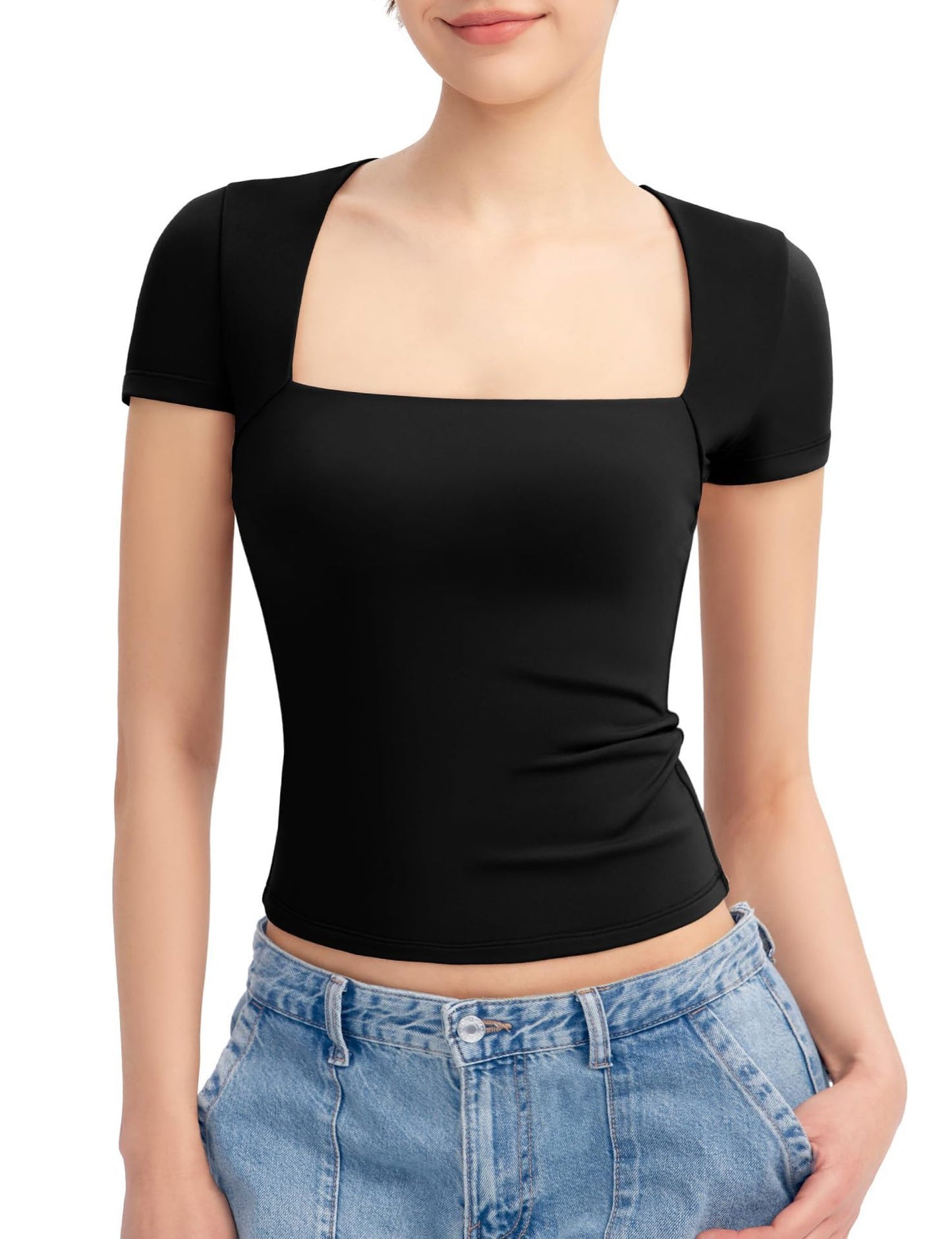 Robyn – T-shirt Femme à Col Carré et Manches Courtes
