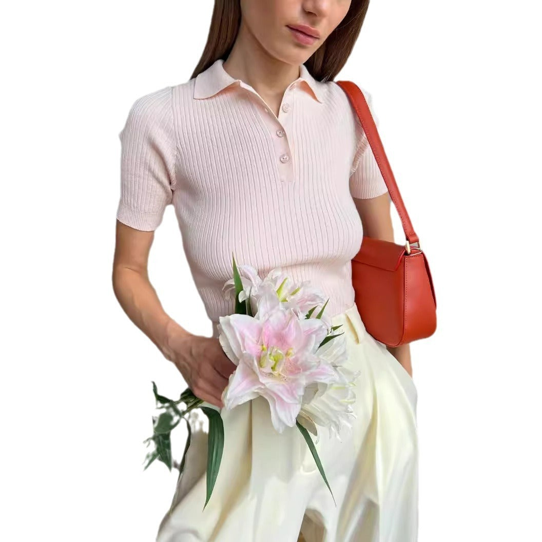 Barbara – Pull Col Polo Ajusté à Manches Courtes