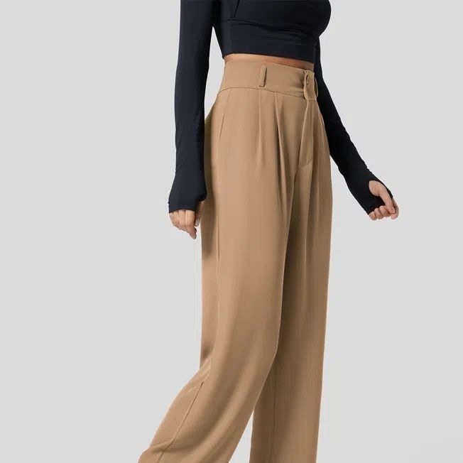 Megan – Pantalon en Soie Cool à Taille Haute avec Boutons