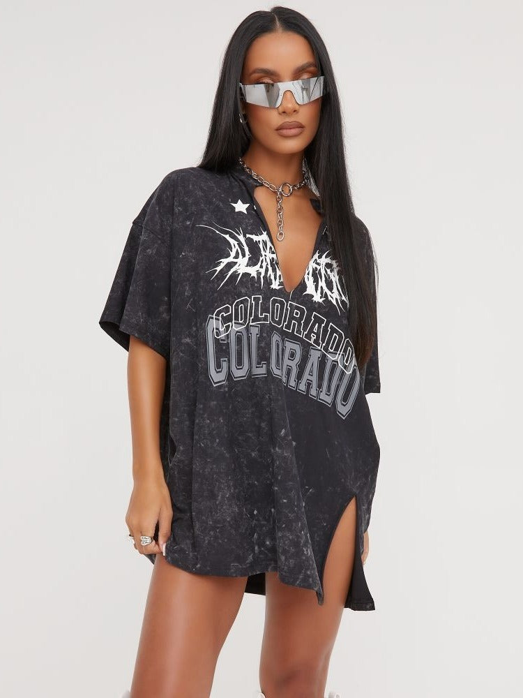Vincent – T-shirt rétro avec col en V et fente